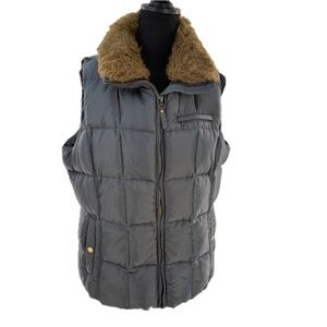 Lands' End Quilted Down Vest, Faux Fur Collar Pockets Dark Gray Size Large